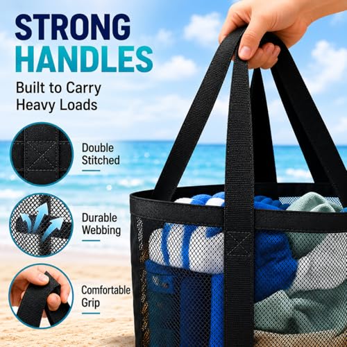 SRISE Mesh Beach Bag - Large Beach Tote Bag for Family Beach Bag for Toys & Vacation Essentials - color: Black