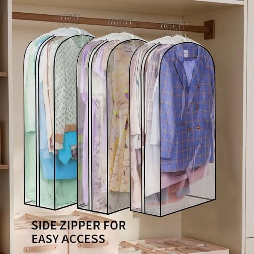 3 Pack 10" Clear Garment Bags for Hanging Clothes, 40" Gusseted Plastic Hanging Covers and Clothing Protectors with Side Zipper, Long Dress Suit Jacket Closet Cover Dust Proof for Wardrobe Storage