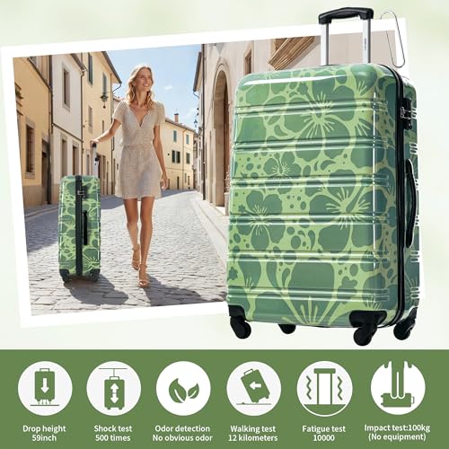 Merax Luggage Sets 3 Piece, Hardside Suitcase Set with Spinner Wheels - color: Green Print, style: 3-piece Set(20/24/28)