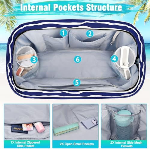 HUANLANG Extra Large Beach Bag Waterproof Beach Totes Bags for Women Men,Pool Bag with Zipper Wet Pocket - color: Dark Blue and White