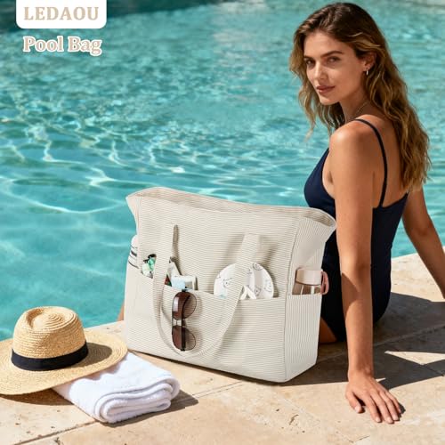 LEDAOU Large Beach Bag for Women, Waterproof Sandproof Tote Bag with Zipper - color: Khaki