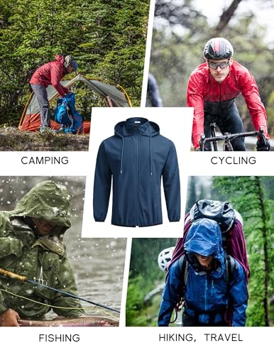 COOFANDY Men's Light Rain Jacket Packable Waterproof Raincoat Windbreaker - color: Navy Blue, size: X-Large