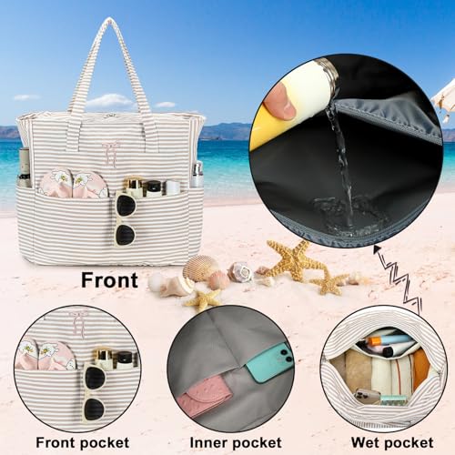 Bluboon Beach Bags for Women, Large Waterproof Tote Bag With Wet Compartment for Pool Weekender Travel Gym - color: Brown Striped Bow