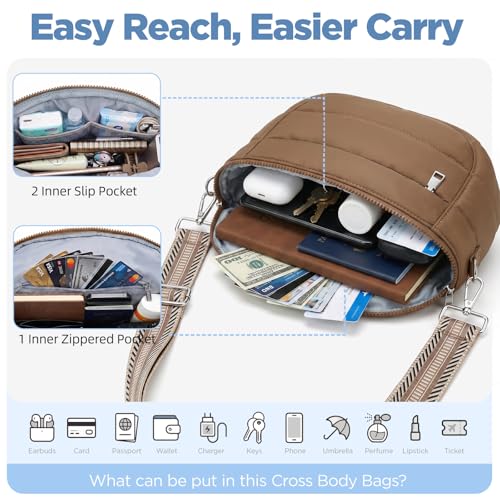 Crossbody Bum Bag for Women, Lightweight Puffy Purse Travel Coffee - color: Coffee Brown