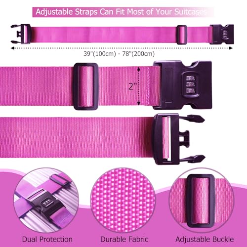 2 PCS Luggage Strap 78" x 2" Suitcase Belts Wide Adjustable Packing Straps Travel Accessories, Rose Pink & Combination Lock - color: 2pcs Rose Pink