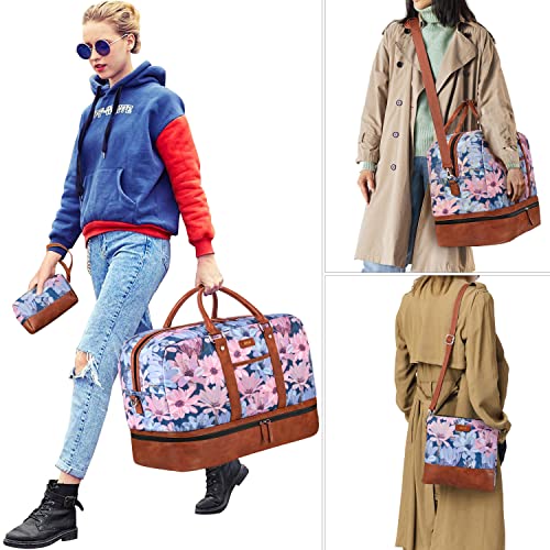 IBFUN Weekender Bags for Women, 3PCS Travel Set with Shoe Compartment 21.6 - color: A07-brown+blue flower