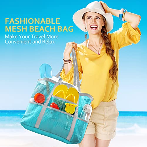 SRISE Mesh Beach Bag - Large Beach Tote Bag for Family Beach Bag for Toys & Vacation Essentials - color: Sky Blue