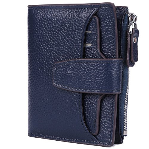Women's RFID Blocking Leather Small Compact Bi-fold Zipper Pocket Wallet Card Case Purse with id Window - color: Lichee Navy Blue