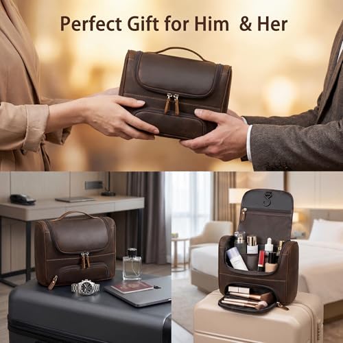 Fulll Grain Leather Toiletry Bag, Hanging Dopp Kit, YKK Zipper, Brown