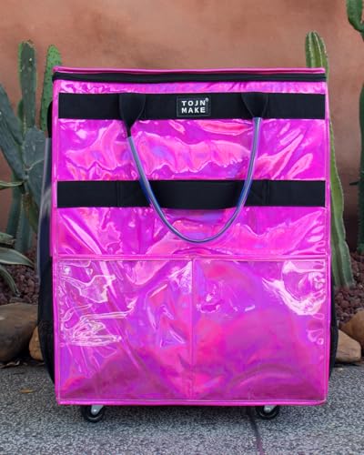 Reusable Grocery Bag with Wheels, Large Glitter Pink Rolling Tote | 8 Pockets, Zipper Cover, Foldable for Women, Kitchen, Travel, Carries Up to 76LBS - color: Glitter Pink, size: Large