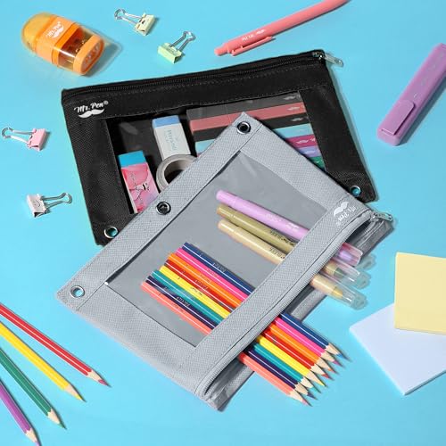 Mr. Pen- Pencil Pouch for 3 Ring Binder, 2 Pack, 10"x6.75", Smooth Zipper - color: Black and Gray, size: 2 Pack