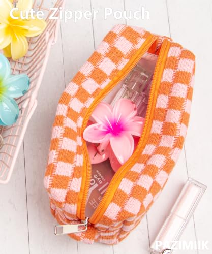 Checkered Makeup Bag for Purse, Small Travel Cosmetic Pouch,Orange Pink - color: Orange Pink