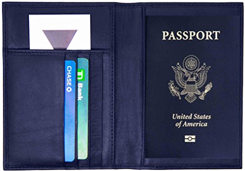 Genuine Cowhide Leather Navy Blue RFID-Blocking Passport Cover Case Holder & Wallet - color: Navy Blue (With RFID)