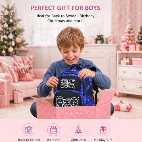 Boys Backpack Set 3PCS Ages 6-12, Kids School Backpack - color: Gamer Starry Blue