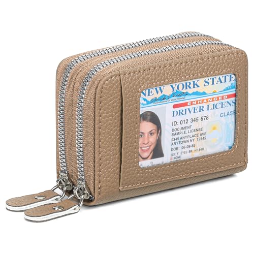 RNIEGA Credit Card Holder Wallet RFID Blocking Leather Small Wallet for Women Double Zipper Wallet with ID Window - color: Beige
