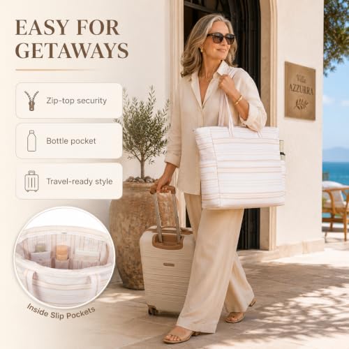 Bluboon Waterproof Beach Tote Pool Bags for Women Ladies Extra Large Carry On Bag With Wet Compartment for Weekender Travel - color: Khaki Irregular Stripes