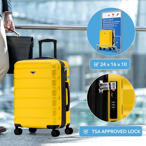 Flight Knight 24x16x10 Expandable Carry On Suitcase Hardside TSA Lock USB C Lightweight Luggage Silent Double Spinner Wheels Maximum Overhead Carry-On Bag For Virgin South West Approved Yellow - color: Yellow, size: 24x16x10"