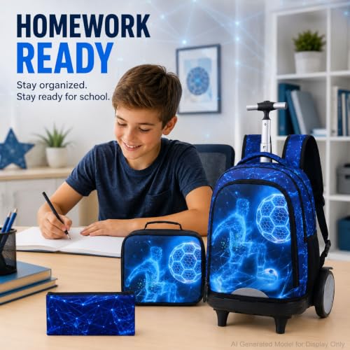 HPJGD Big-Wheel Rolling Backpack for Boys with Lunch Box & Pencil Case - 3-Pack Travel Set Featuring Tech-Style Soccer Player Design, Water-Resistant & Reflective Wheeled Bookbag for School/Trips - color: Cool Rolling Backpack Tech-style Soccer Player