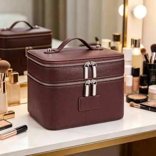 Makeup Case,Leather Double Layer Makeup Bag Duo,Large Portable Travel Toiletry Case Cosmetic Organizer for Women - color: Burgundy(9.8*7*7.3in)