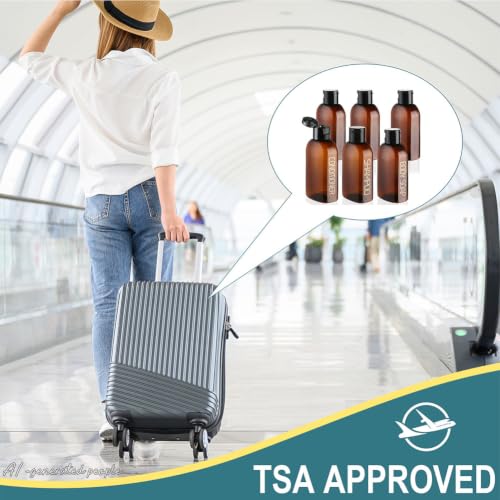 Cosywell Travel Bottles for Toiletries - 6 PCS Shampoo Bottles, TSA Approved Travel Size, Leak Proof Containers with Flip Cap - color: 3.4oz Brown - 3 Labeled 3 Blank