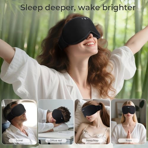 Weighted Bluetooth Sleep Mask with Removable Hot & Cold Gel Insert, 3D Blackout Eye Mask, Adjustable Speaker Placement, Passive Sound Masking, 15H Playback for Sleep, Travel & Relaxation - color: Black
