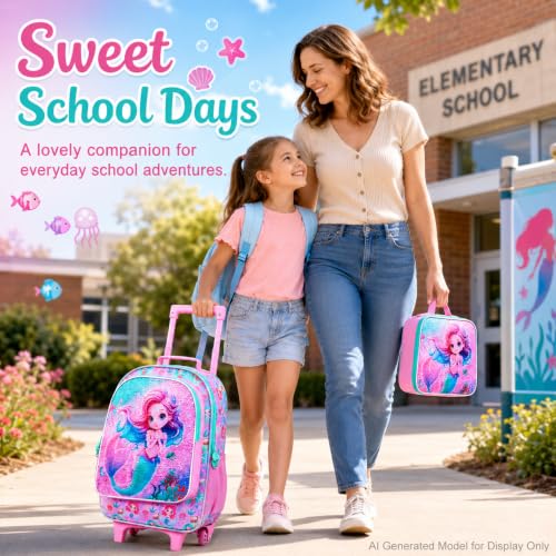 KLFVB Rolling Backpack for Girls Boys, Kids Roller Wheels School Bookbag with Lunch Bag, Wheeled School Bag for Children - color: Reversible Sequins Mermaid Rolling Backpack Set