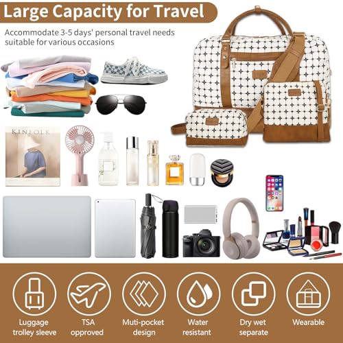 3PCS Weekender Bags for Women Large Overnight Bag, Brown Argyle - color: Brown Argyle
