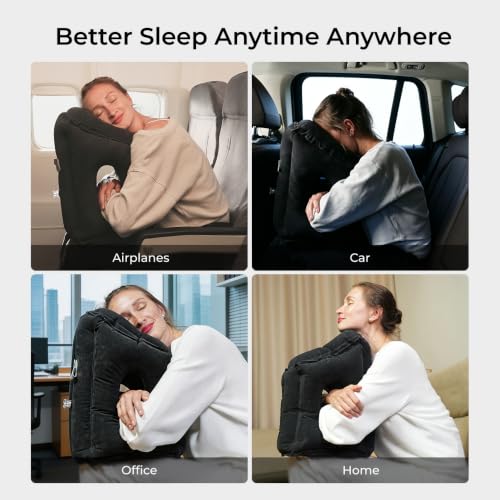 Inflatable Travel Pillow with 700mAh Rechargeable Air Pump, No Manual Blowing Airplane Neck Pillow with Full Head & Chin Support, Compact Portable Nap Pillow for Car, Train, Office & Home