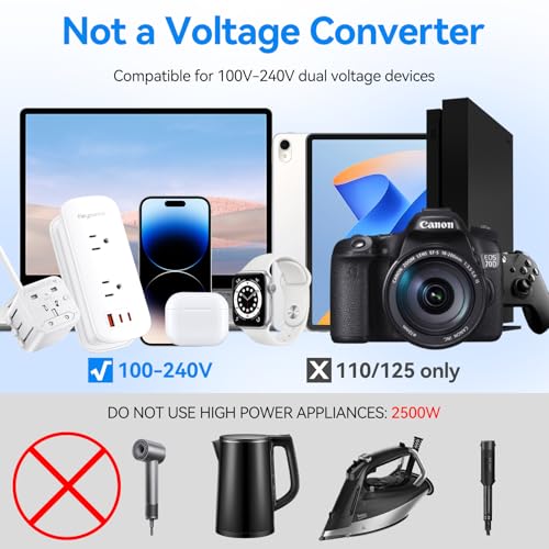 Universal Travel Adapter, PD 30W European Travel Plug Adapter with 2 USB-C & 1 USB-A Ports, International Power Adapter Fast Charging with 70in Power Cord for USA EU UK AUS