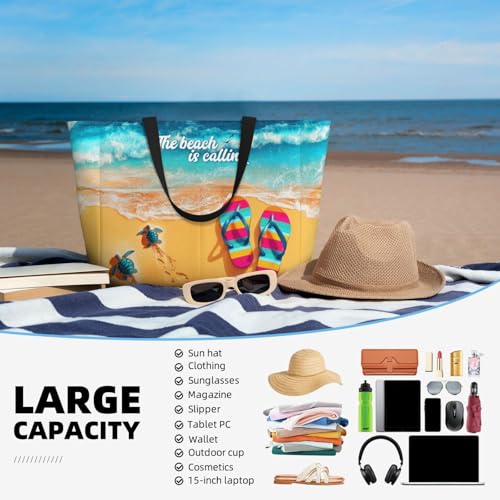 Beach Bag for Women, Large Waterproof Sandproof Tote with Zipper, Foldable Lightweight Swim Bag for Beach Pool Gym - color: The Beach is Calling