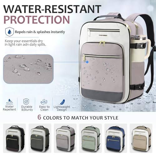 EMPSIGN 40L Travel Backpack for Women & Men | Airline Approved Carry On, TSA Personal Item Bag, Waterproof, Overnight Weekender Essentials, Fits 17" Laptop - color: Beige/Dusty Pink/Grey