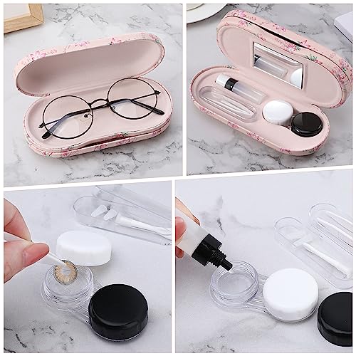 MoKo Double Eyeglass Case,Glasses and contact case 2 in 1 with Mirror - color: Pink Flowers