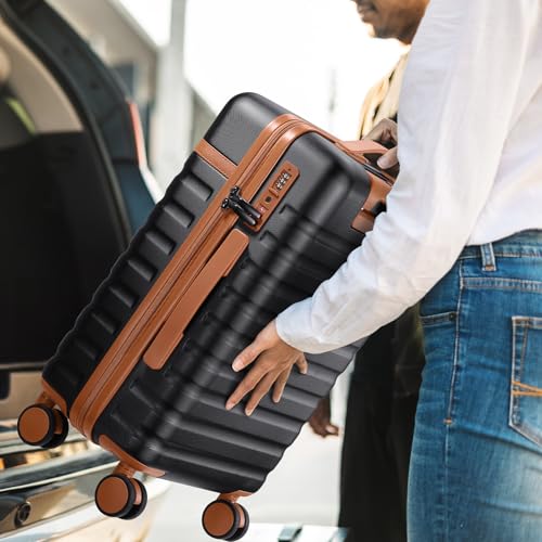 UKEIN Luggage Sets 3 Piece, 28in Checked Luggage With Travel Backpack - color: Black, size: 3 piece set (28inch)