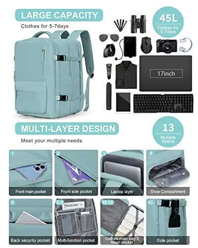 WONHOX Large Travel Laptop Backpack Expandable Flight Approved Backpack Carry on Backpack for Women Men Waterproof 17inch Laptop Daypack Hiking Work Backpack with Shoe Compartment Light Blue - color: A5-turquoise