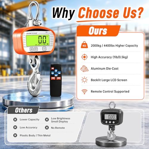 4400lbs / 2000kg Hanging Scale 1lb(0.5kg) Accuracy Digital Crane Scale, Temperature and Humidity Industrial Heavy Duty Scale with Wireless Remote for Farm Livestock, Hunting, Factory - size: large
