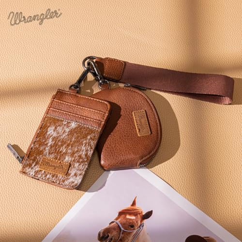 Wrangler Keychain Wristlet Wallets for Women Western Dual Pouch Wristlet Credit Card Holder Wallet - color: Cowhide Brown