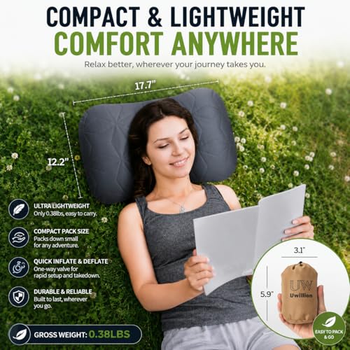 UWILLION Inflatable Camping Pillow with Removable Washable Cover, Ultralight Compact Air Pillow for Backpacking, Hiking, Travel & Camping, Ergonomic Neck and Lumbar Support Blow Up Pillow – Grey - color: Gray