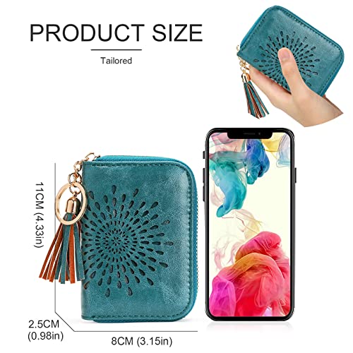 APHISON RFID Credit Card Holder Zipper Card Case Keychain Small Wallet for Women 1927 PEACOCK-BLUE - color: 0-PEACOCK-BLUE(single zip)