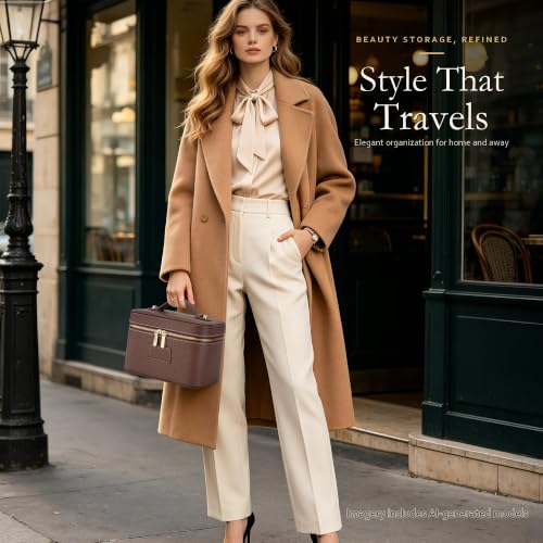 Makeup Bag Travel Toiletry Leather Cosmetic Case, Waterproof Makeup Organizer with Brush Holder, Wipe Clean Removable Divider Vanity Train Bag for Women, Brown Coffe - color: Brown Coffe