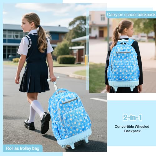 ACESAK Rolling Backpack for Girls with Lunch Bag & Pencil Pouch - color: Blue Daisy