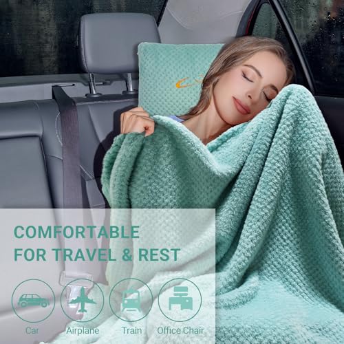 Compact Travel Blanket for Airplane, Premium Soft 2-in-1 Blanket with Pillowcase and Carry Bag, Lightweight Travel Essentials with Luggage Sleeve and Backpack Clip, Mint Green - color: Mint Green