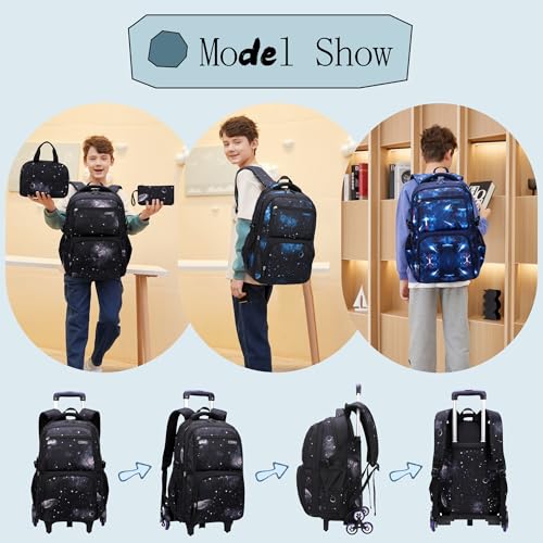 3Pcs Galaxy Boys Rolling Backpack Set with Lunch Bag, Galaxy Print Kids Backpack for Boys with Wheels - color: 3pcs-galaxy-black+blue