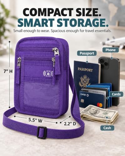 Passport Holder for Travel, RFID Blocking Neck Wallet, 9 Pockets - color: Purple