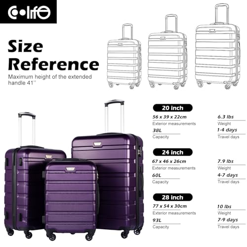 Coolife Luggage Set, Lightweight Durable Hardshell, 3 piece, Purple | suitcase set with 360° Spinner Wheels, TSA-approved Lock, Checked Family Travel, 20/24/28 Inch - color: Purple