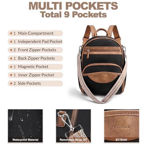 SYTRAH Small Backpack Purse for Women, Mini Daypack Cute for Travel Brown | Small Backpack with RFID Wallet (4 Slots) & 10.2" Tablet Sleeve, 9-Pocket 3-Way Convertible Shoulder Bag, Removable Strap - color: Black Brown