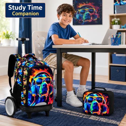 HPJGD Big-Wheel Rolling Backpack for Boys with Lunch Box & Pencil Case - 3-Pack Travel Set Featuring Cool Dog with Sunglasses Design, Water-Resistant & Reflective Wheeled Bookbag for School/Trips - color: Cool Rolling Backpack Sunglasses Dog