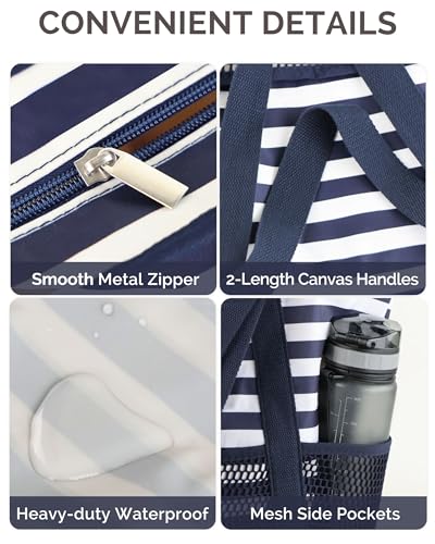 HOMESPON Beach Bag Large Waterproof Sandproof Tote for Women with Zipper and Mesh Pockets - color: Blue Stripes, size: Medium