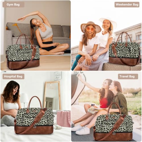 Large Women Travel Weekender Bag: Carry on Duffle with Shoe Compartment - color: Brown Leopard Print