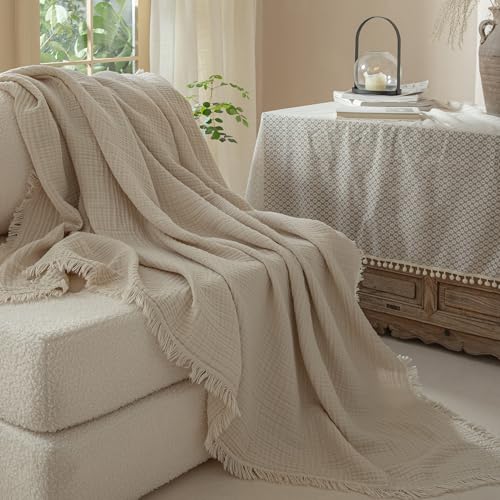 Muslin Fringe Blankets for Adults: 100% Cotton Cloud Soft Oversize Queen - color: Beige, size: Oversize Queen (98" × 98")