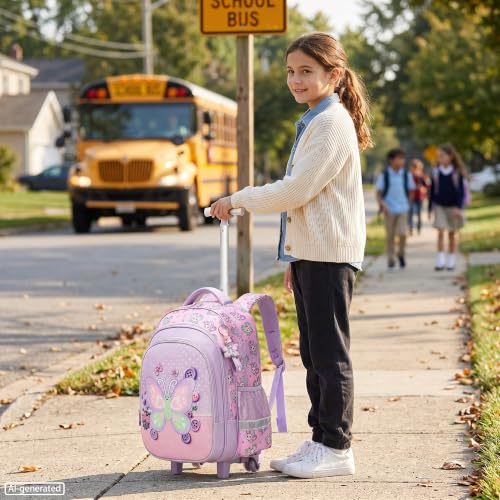 Meetbelify Rolling Backpack for Girls Butterfly Backpack with Wheels Kids Purple Roller Suitcase Travel Luggage for Elementary Student Ages 6-8 - color: Butterfly